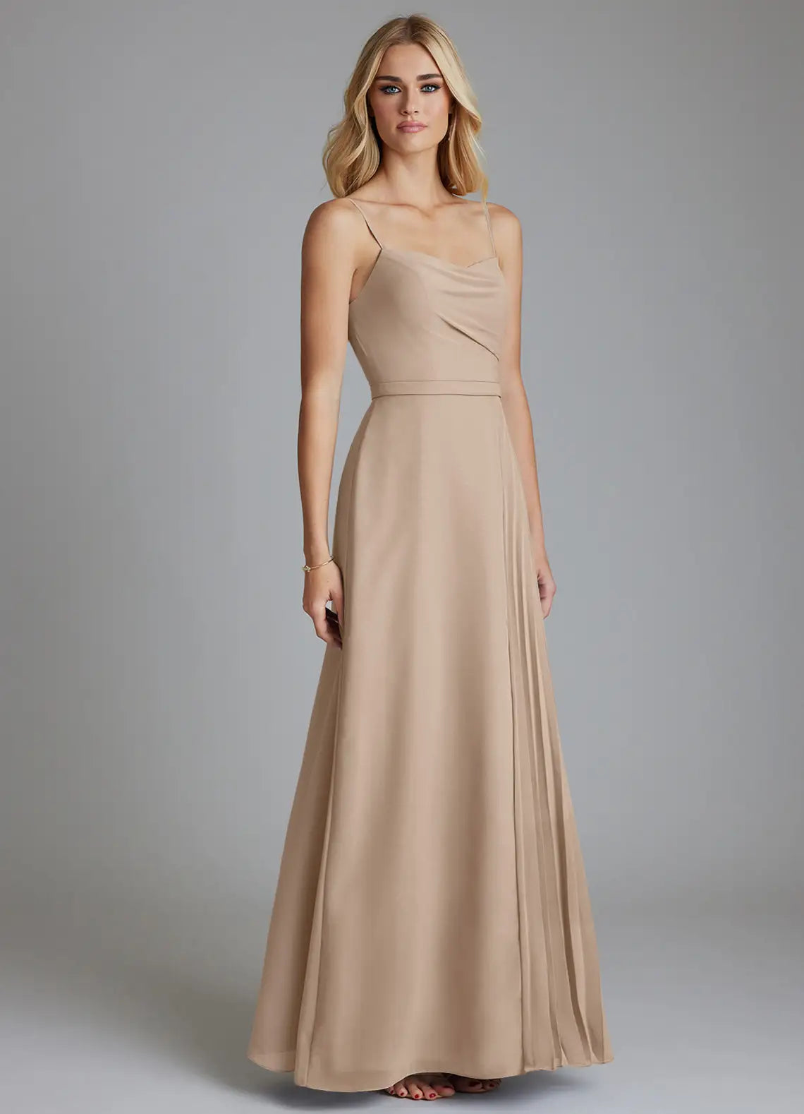 Elegant Spaghetti Strap Bridesmaid Dresses with Ruched Bodice, Pleated Skirt Detail and Flowing Chiffon Maxi Silhouette Formal Gown