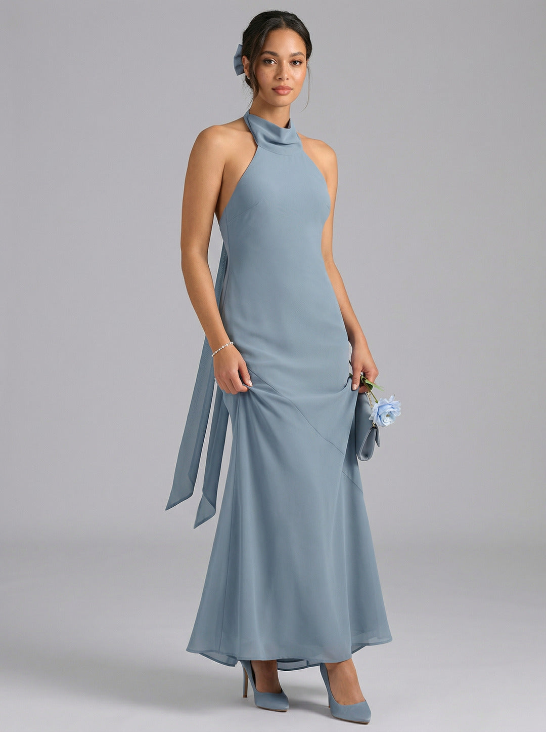 Elegant Dusty Blue Chiffon Trumpet Halter neckline Ankle-Length Bridesmaid Dress