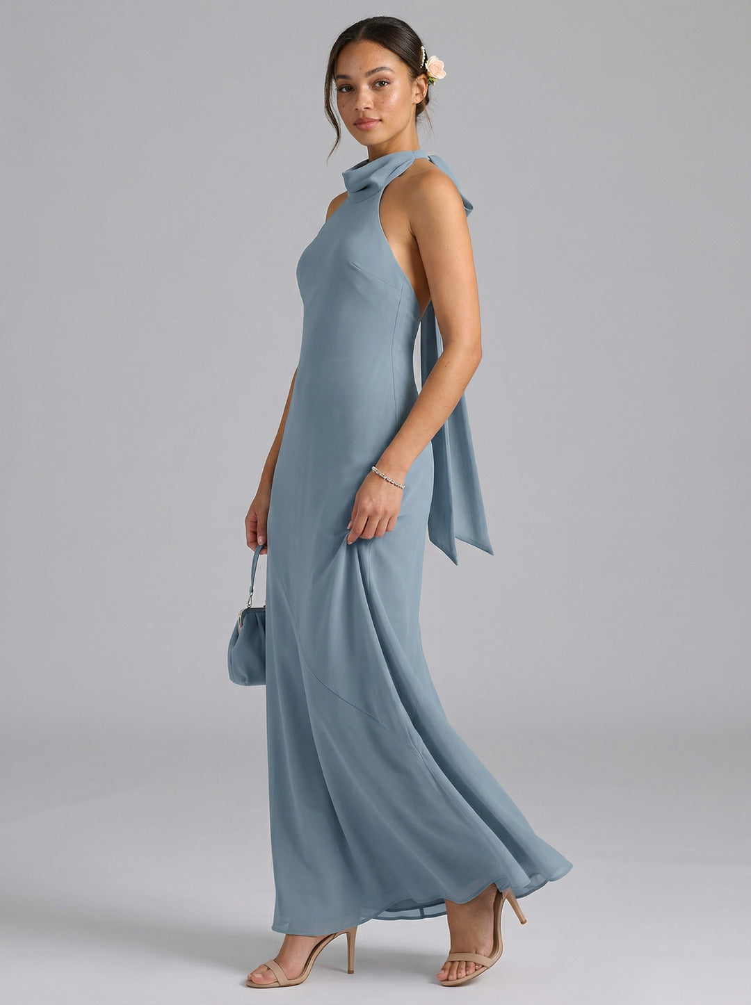 Elegant Dusty Blue Chiffon Trumpet Halter neckline Ankle-Length Bridesmaid Dress