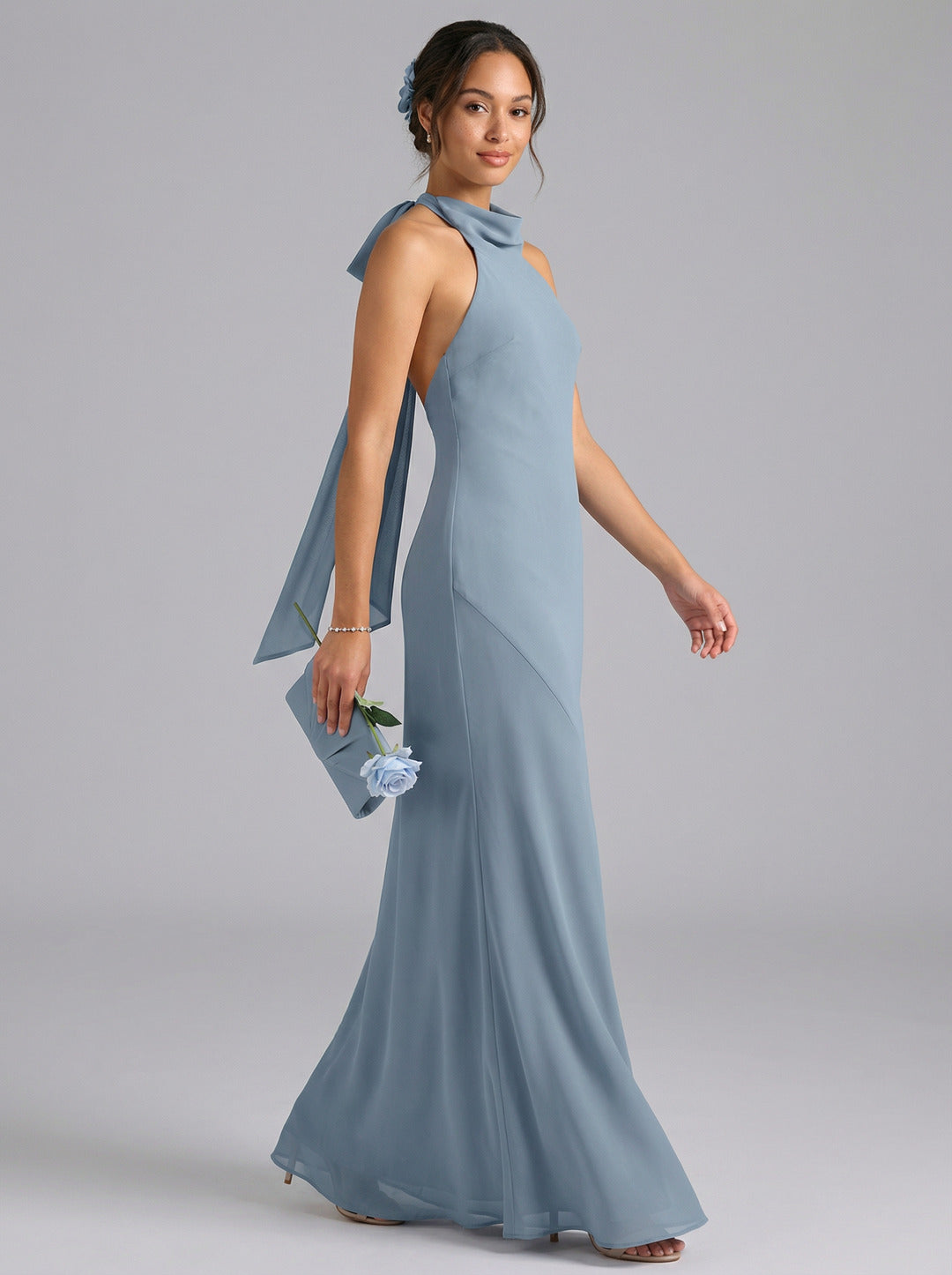 Elegant Dusty Blue Chiffon Trumpet Halter neckline Ankle-Length Bridesmaid Dress