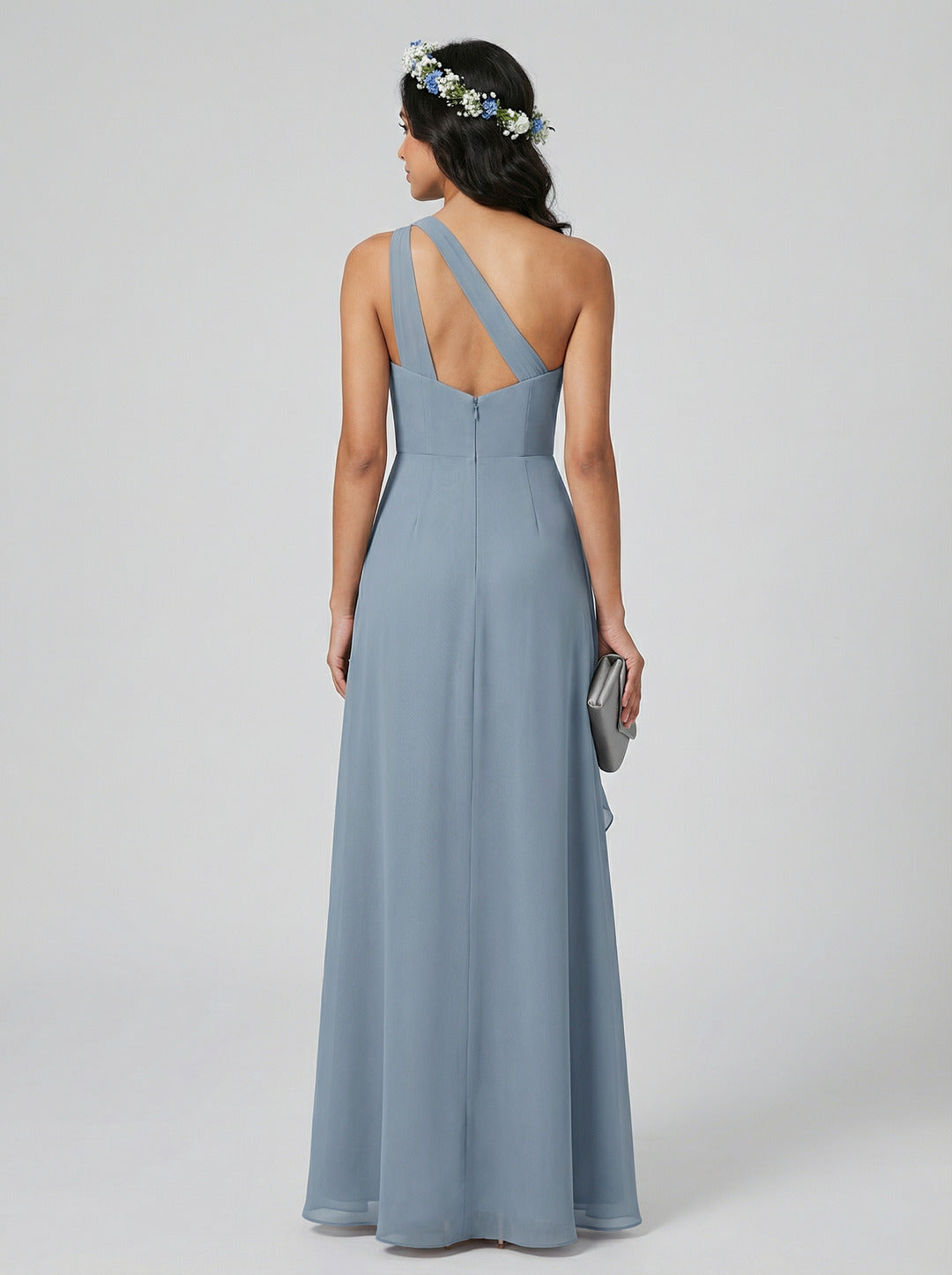 Elegant Dusty Blue Chiffon Trumpet One Shoulder Back Zip Ankle-Length Bridesmaid Dress
