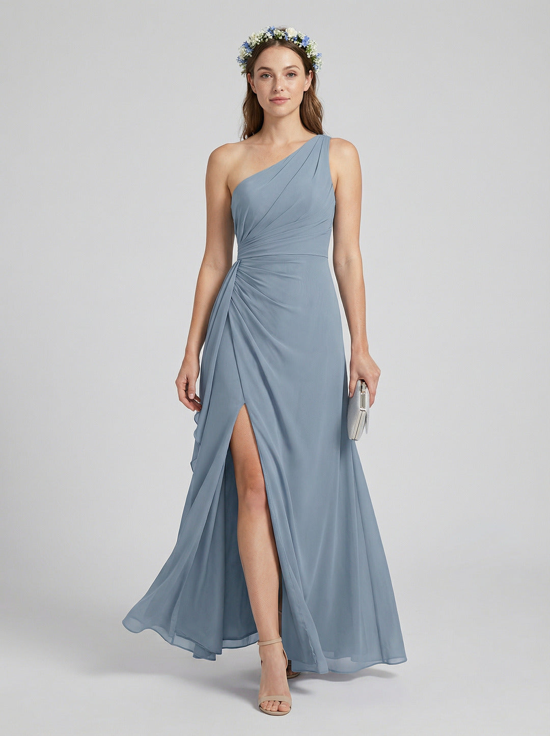 Elegant Dusty Blue Chiffon Trumpet One Shoulder Back Zip Ankle-Length Bridesmaid Dress
