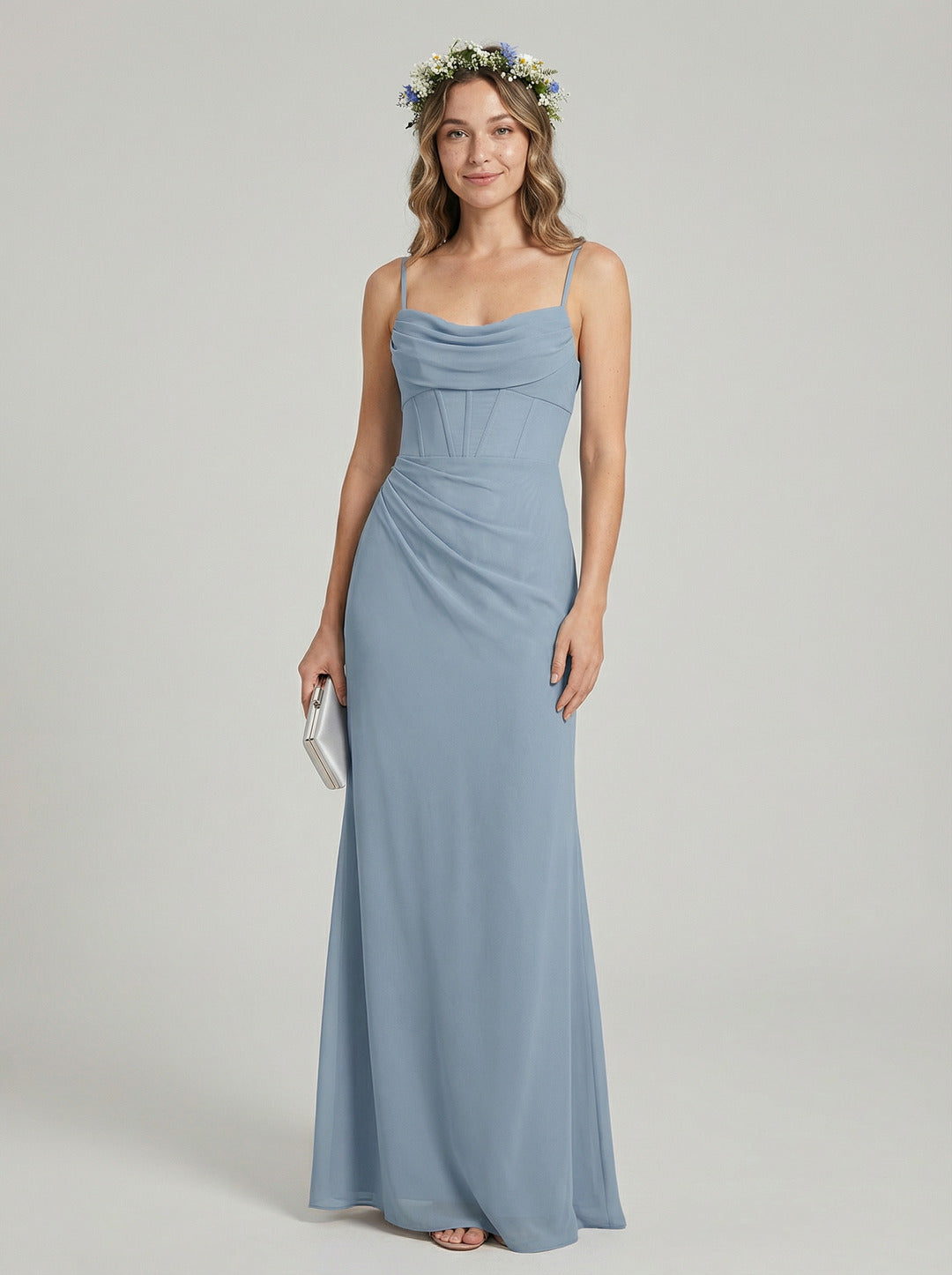 Elegant Dusty Blue Chiffon Sheath Cowl Neck Backless Ankle-Length Bridesmaid Dress