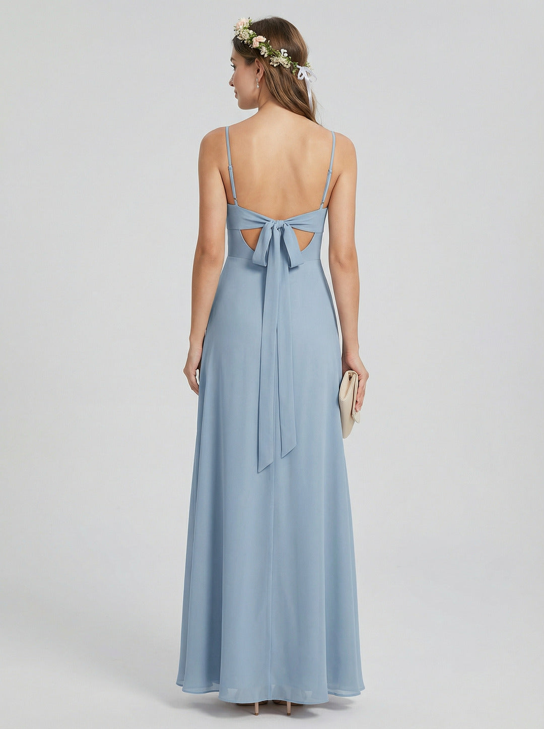 Elegant Dusty Blue Chiffon Sheath Cowl Neck Backless Ankle-Length Bridesmaid Dress