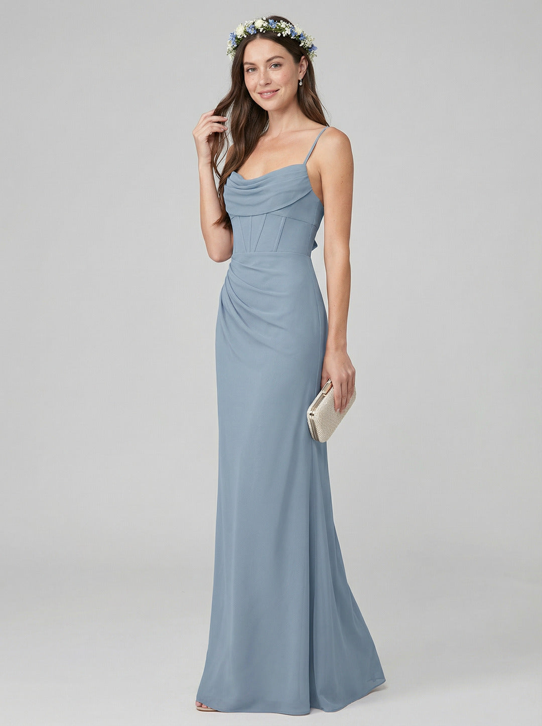 Elegant Dusty Blue Chiffon Sheath Cowl Neck Backless Ankle-Length Bridesmaid Dress