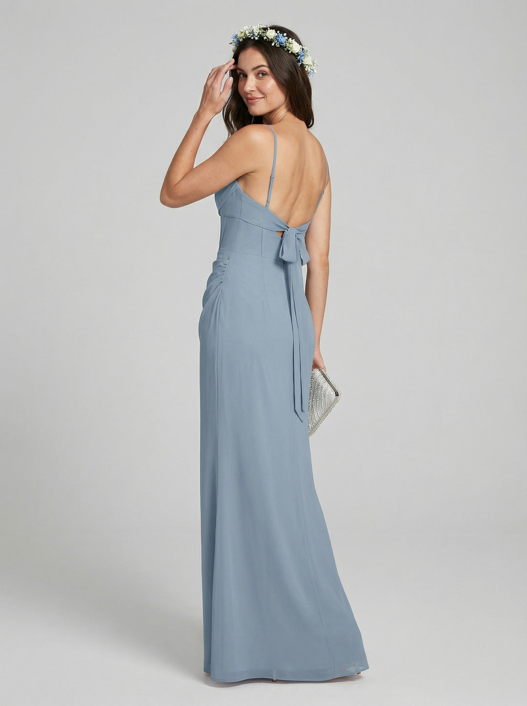 Elegant Dusty Blue Chiffon Sheath Cowl Neck Backless Ankle-Length Bridesmaid Dress