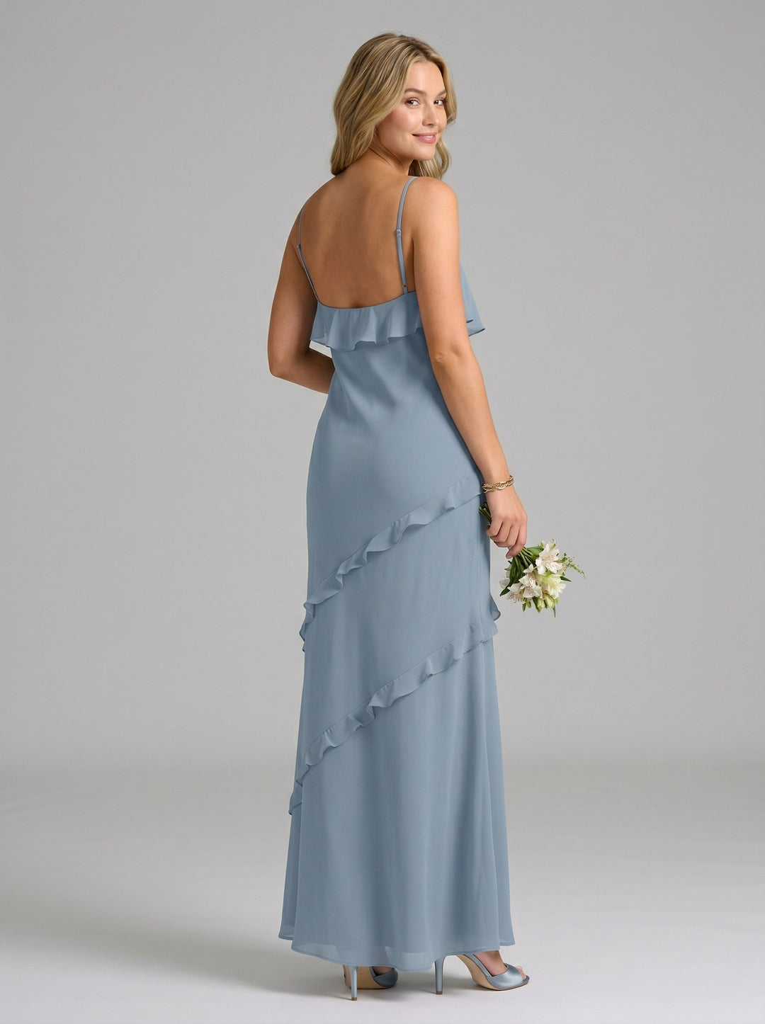Elegant Dusty Blue Chiffon Sheath Sweetheart Backless with Ruffle Ankle-Length Bridesmaid Dress