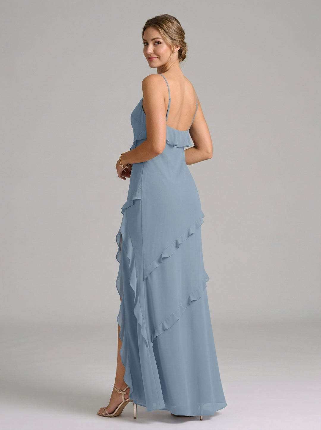 Elegant Dusty Blue Chiffon Sheath Sweetheart Backless with Ruffle Ankle-Length Bridesmaid Dress