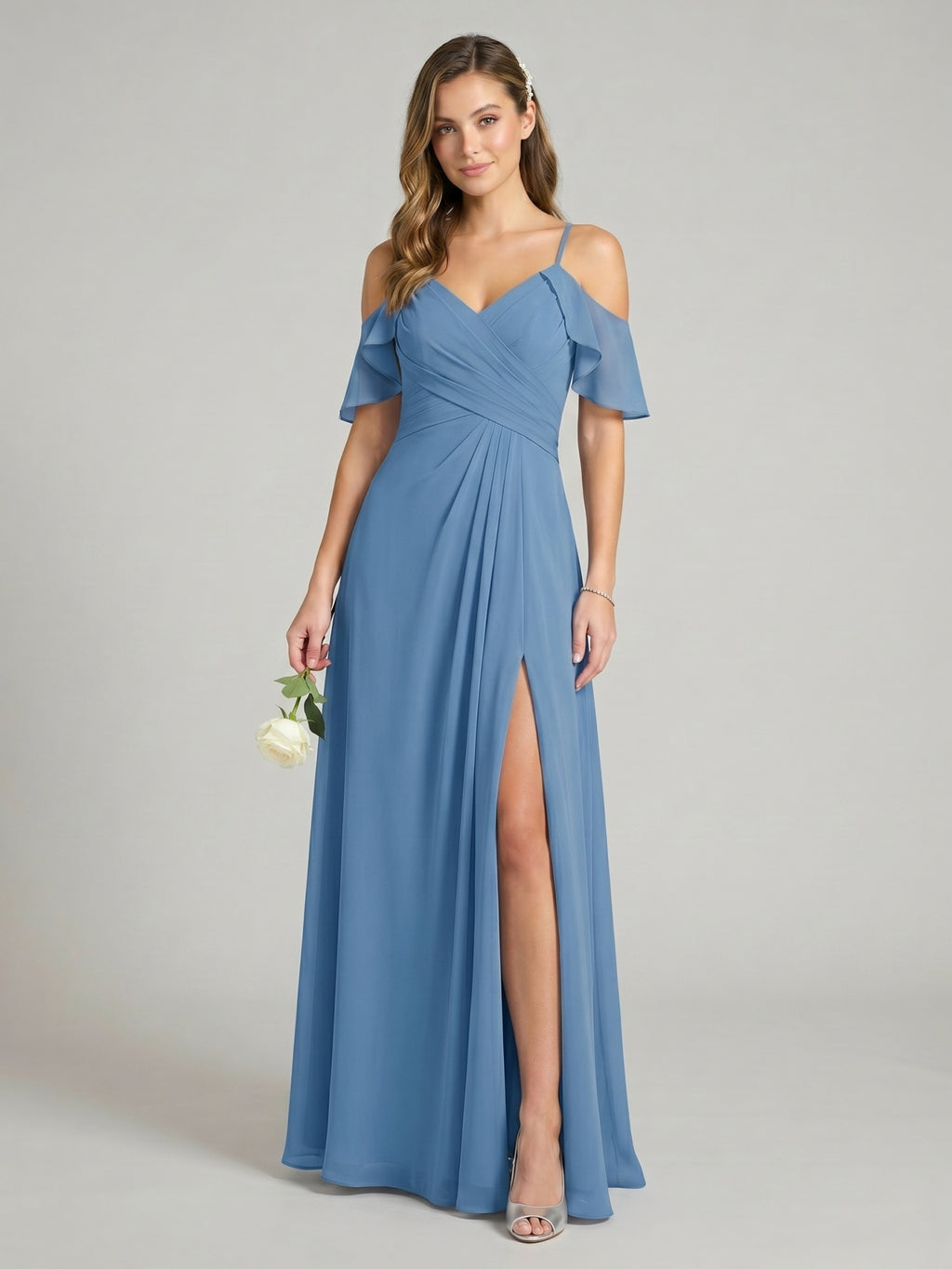 Elegant Steel Blue Chiffon A-Line V-Neck Back Zip Ankle-Length Bridesmaid Dress