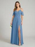 Elegant Steel Blue Chiffon A-Line V-Neck Back Zip Ankle-Length Bridesmaid Dress