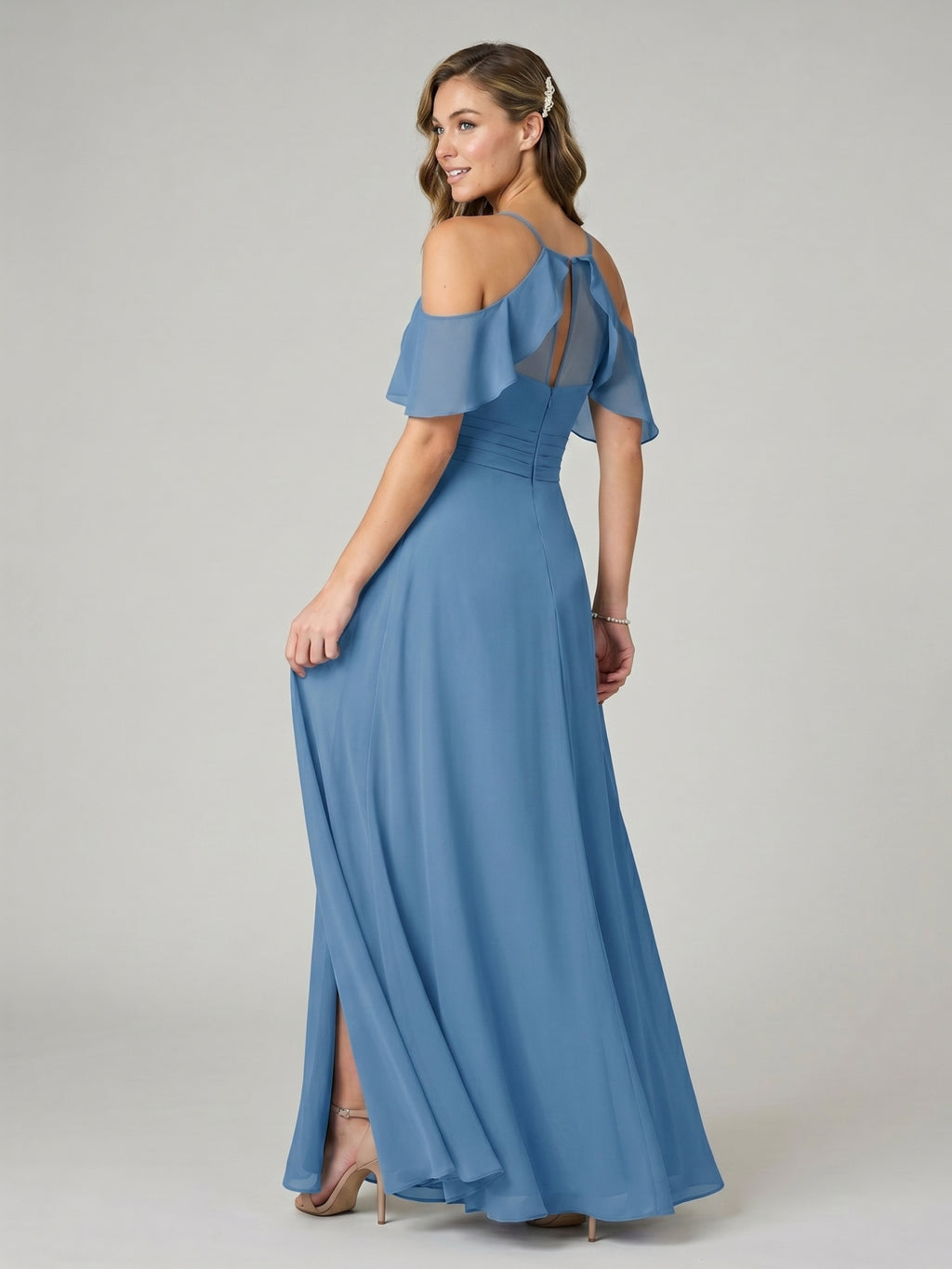 Elegant Steel Blue Chiffon A-Line V-Neck Back Zip Ankle-Length Bridesmaid Dress