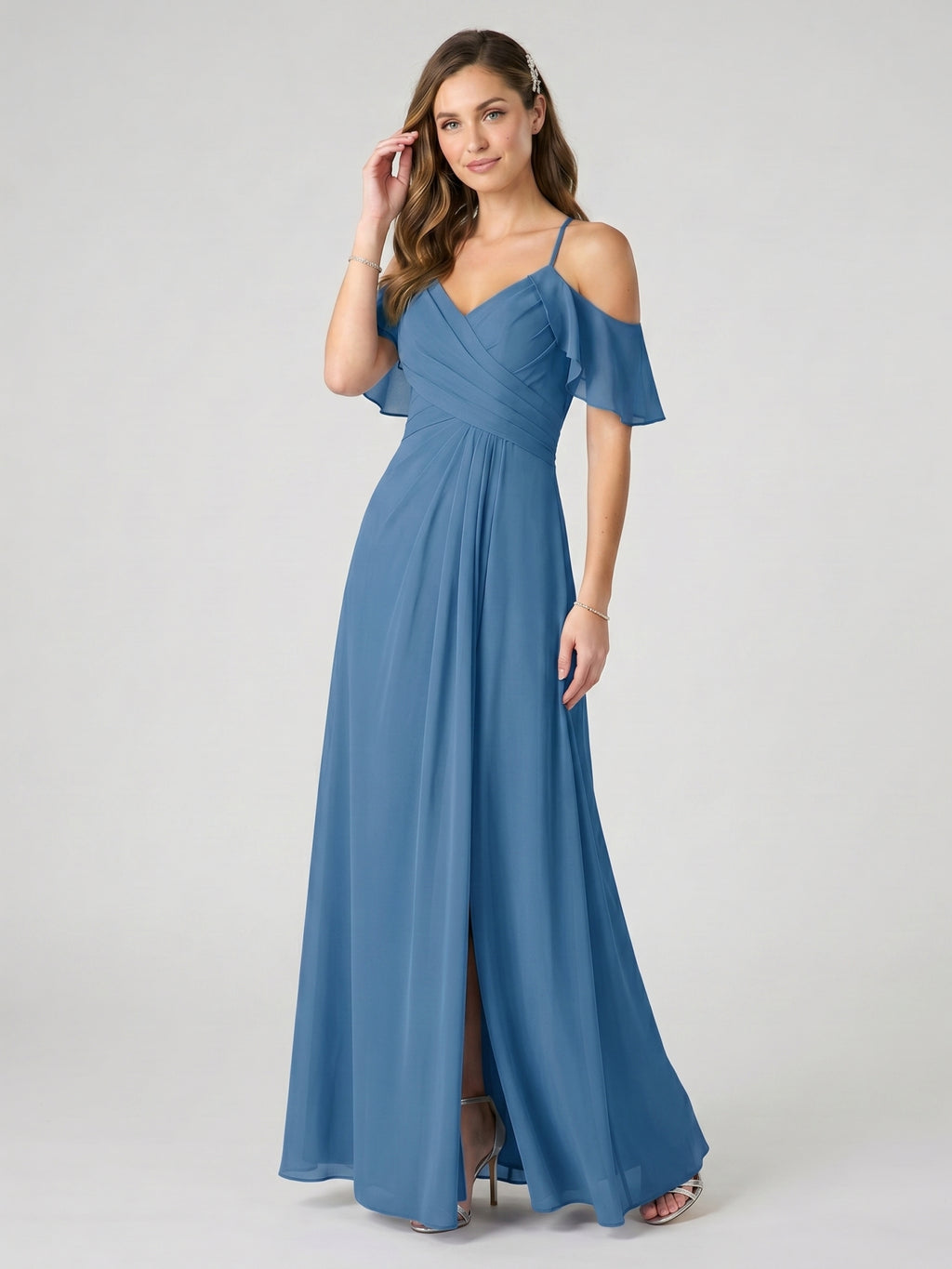 Elegant Steel Blue Chiffon A-Line V-Neck Back Zip Ankle-Length Bridesmaid Dress