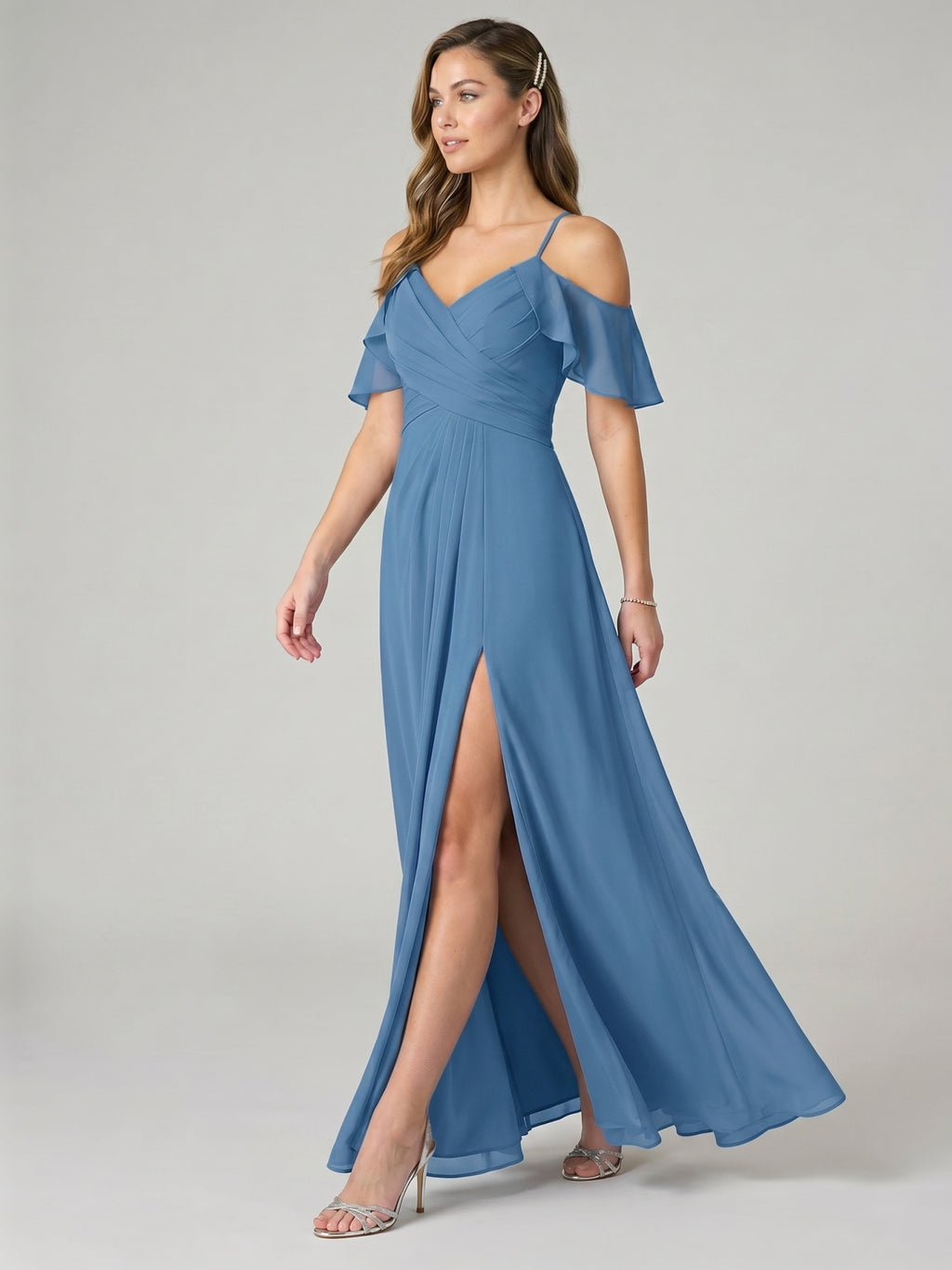 Elegant Steel Blue Chiffon A-Line V-Neck Back Zip Ankle-Length Bridesmaid Dress