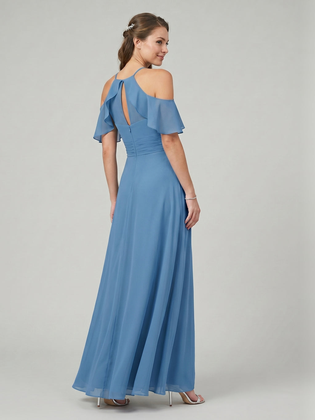 Elegant Steel Blue Chiffon A-Line V-Neck Back Zip Ankle-Length Bridesmaid Dress