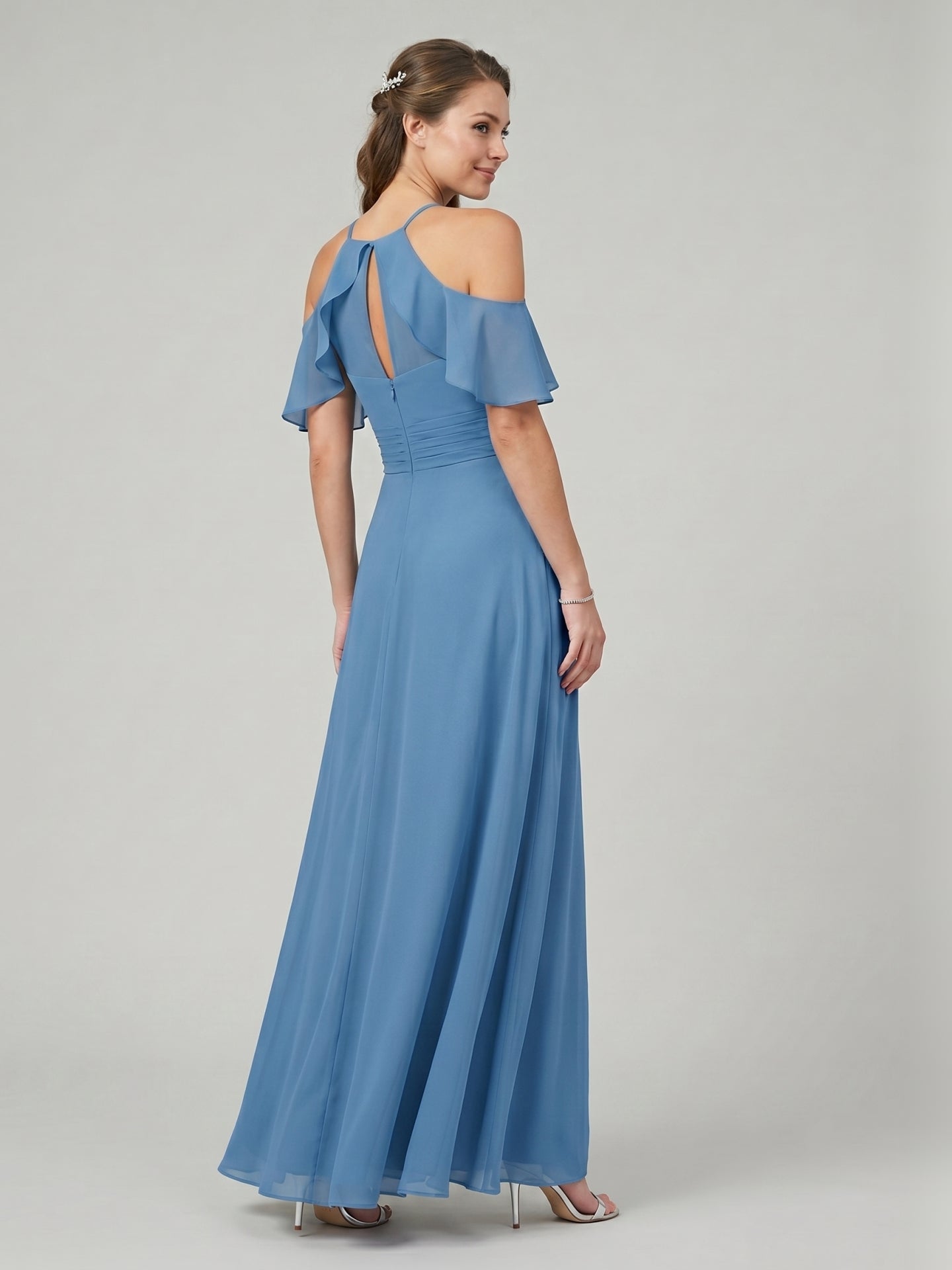 Elegant Steel Blue Chiffon A-Line V-Neck Back Zip Ankle-Length Bridesmaid Dress