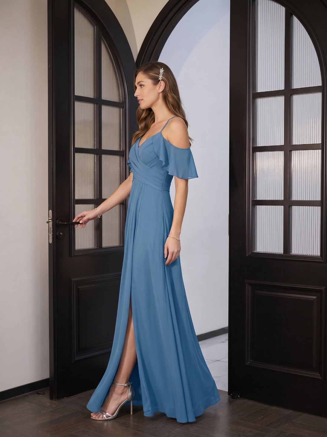 Elegant Steel Blue Chiffon A-Line V-Neck Back Zip Ankle-Length Bridesmaid Dress