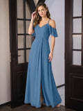Elegant Steel Blue Chiffon A-Line V-Neck Back Zip Ankle-Length Bridesmaid Dress