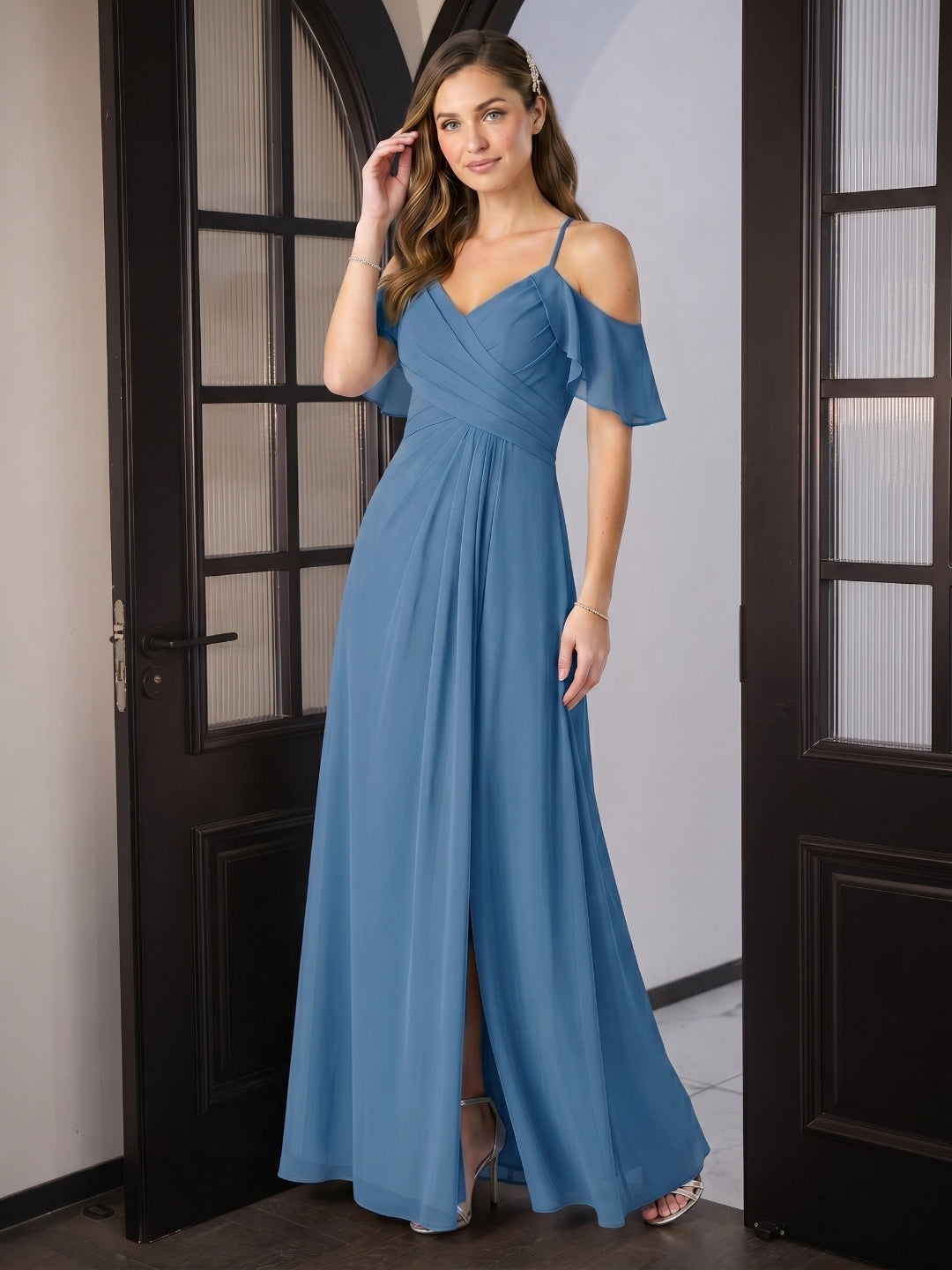 Elegant Steel Blue Chiffon A-Line V-Neck Back Zip Ankle-Length Bridesmaid Dress