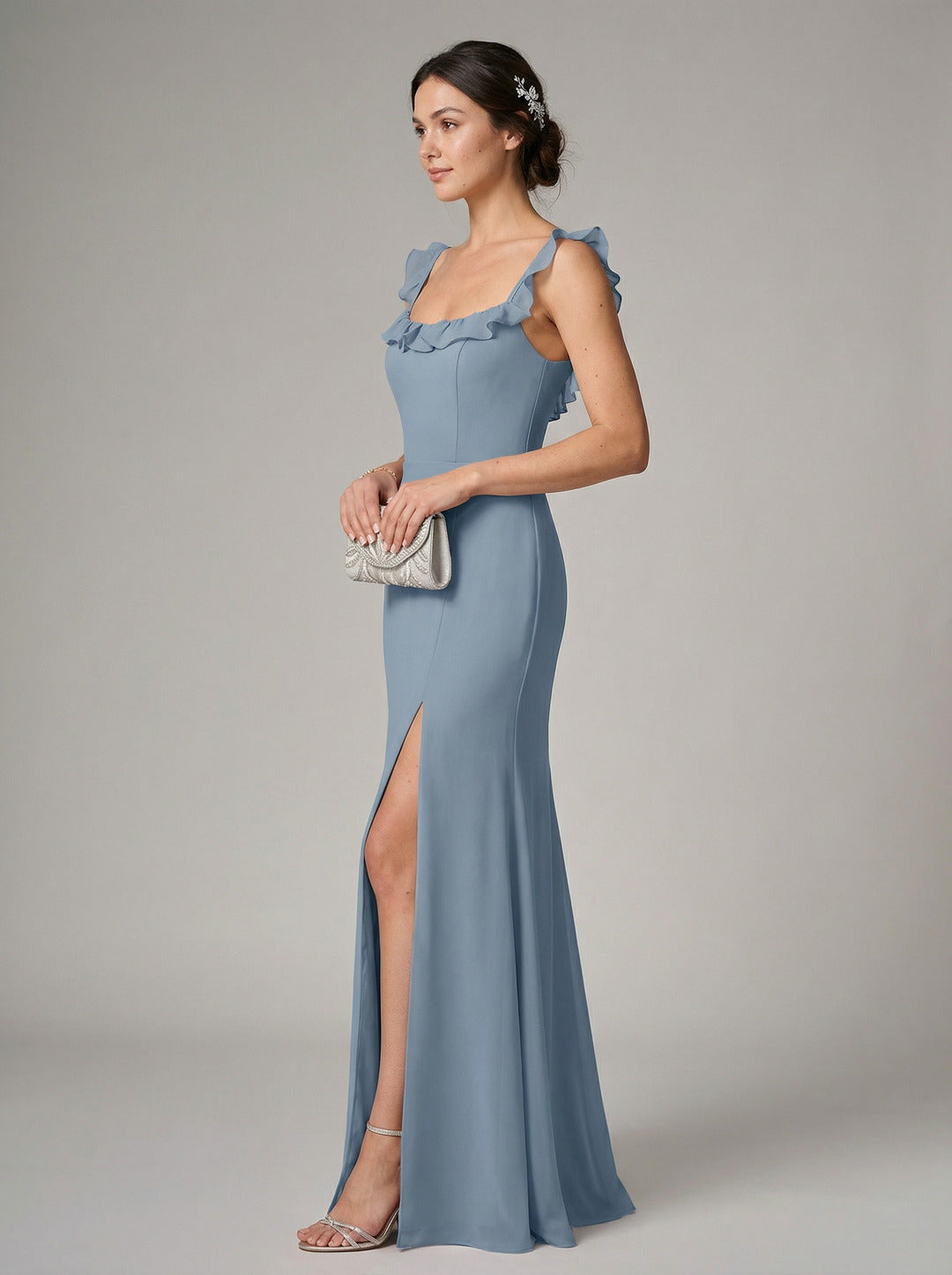 Elegant Dusty Blue Chiffon Trumpet Square Neck Backless Ankle-Length Bridesmaid Dress