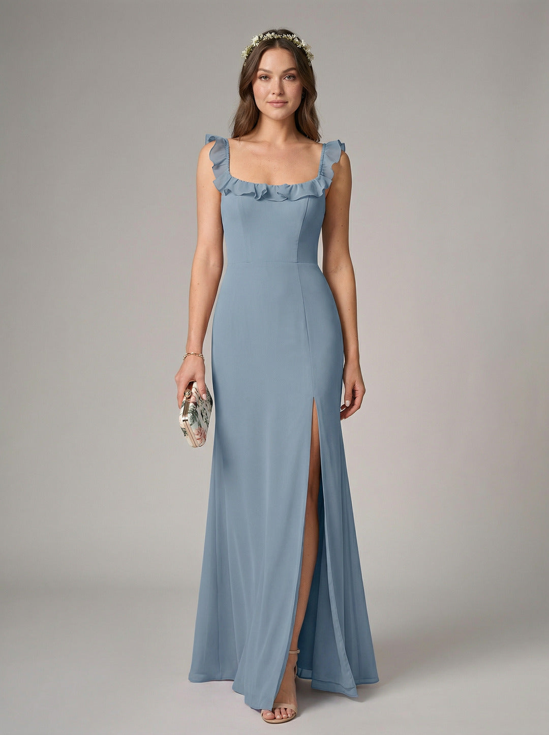 Elegant Dusty Blue Chiffon Trumpet Square Neck Backless Ankle-Length Bridesmaid Dress