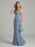 Elegant Dusty Blue Chiffon column Square Neck Criss-Cross Straps Ankle-Length Bridesmaid Dress
