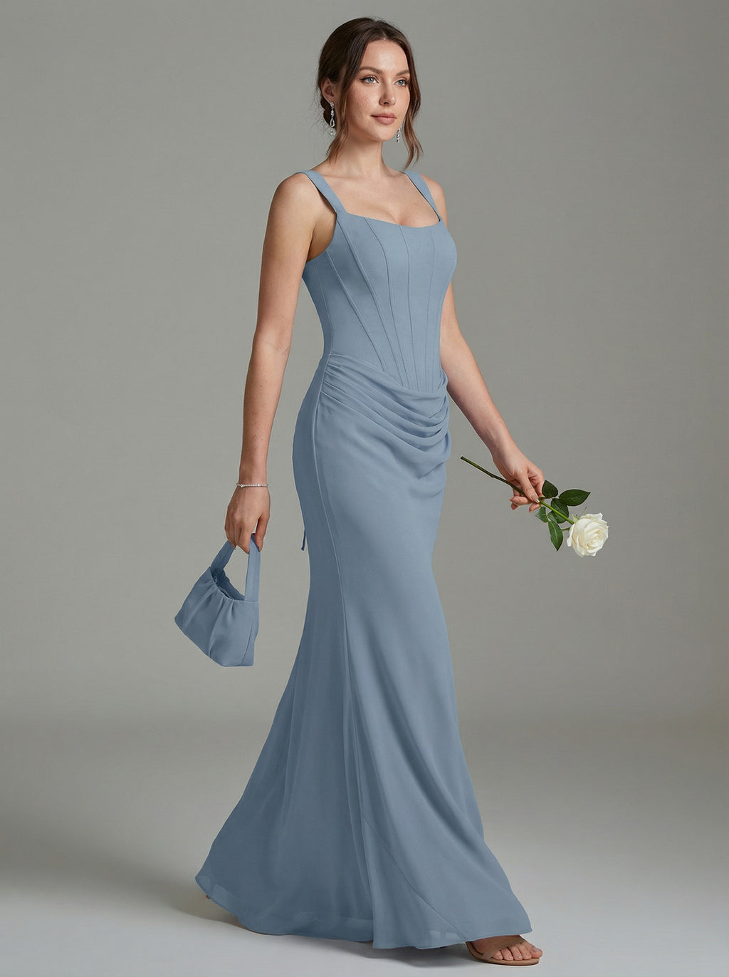 Elegant Dusty Blue Chiffon column Square Neck Criss-Cross Straps Ankle-Length Bridesmaid Dress