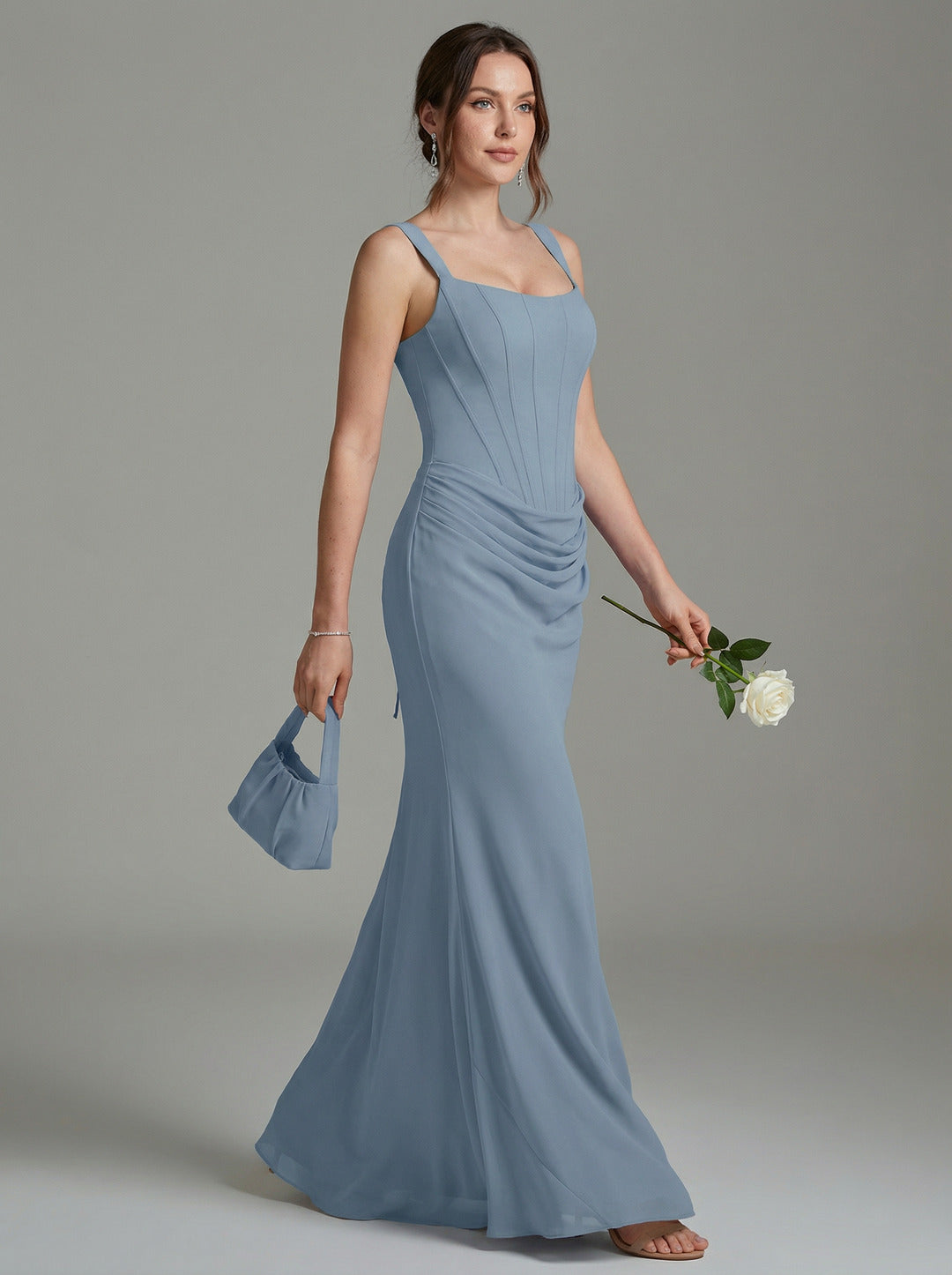 Elegant Dusty Blue Chiffon column Square Neck Criss-Cross Straps Ankle-Length Bridesmaid Dress