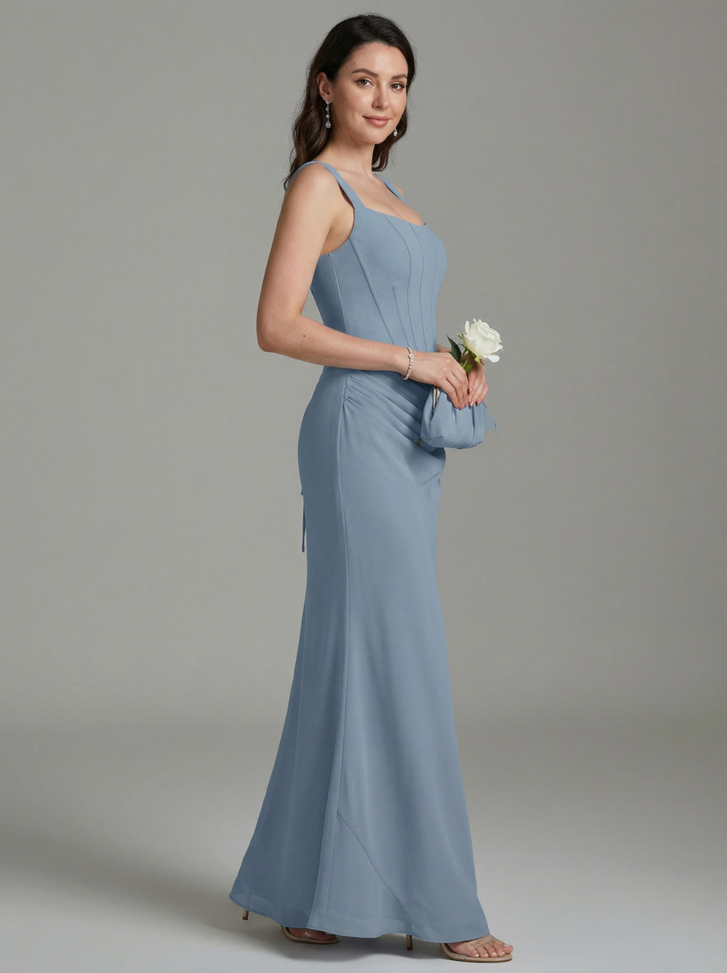 Elegant Dusty Blue Chiffon column Square Neck Criss-Cross Straps Ankle-Length Bridesmaid Dress