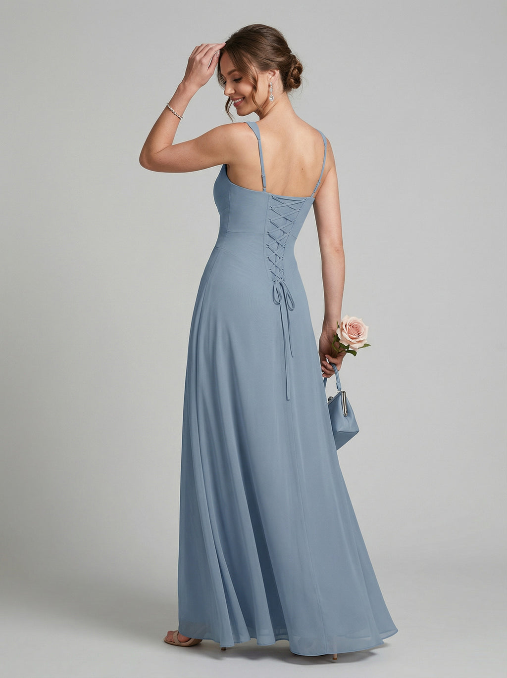 Elegant Dusty Blue Chiffon column Square Neck Criss-Cross Straps Ankle-Length Bridesmaid Dress