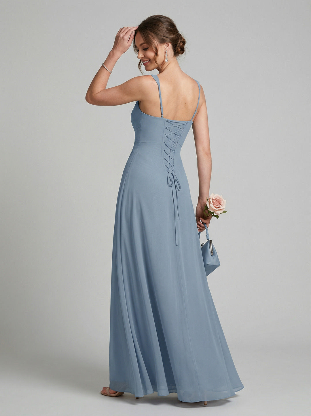 Elegant Dusty Blue Chiffon column Square Neck Criss-Cross Straps Ankle-Length Bridesmaid Dress