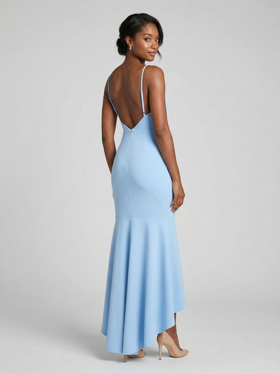 Elegant Sky Blue Stretch Crepe mermaid Straight Neck Backless Ankle-Length Bridesmaid Dress