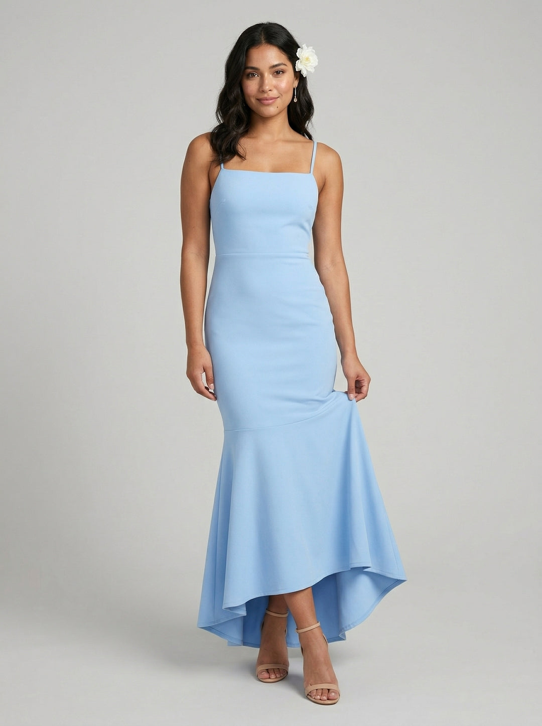 Elegant Sky Blue Stretch Crepe mermaid Straight Neck Backless Ankle-Length Bridesmaid Dress