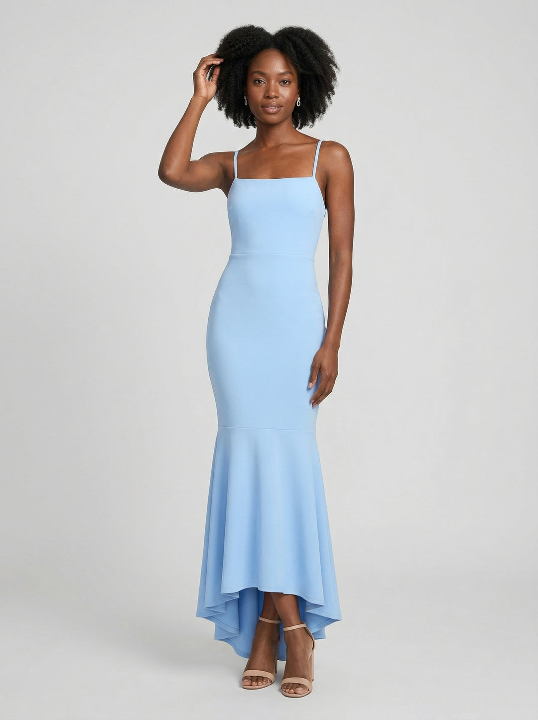Elegant Sky Blue Stretch Crepe mermaid Straight Neck Backless Ankle-Length Bridesmaid Dress