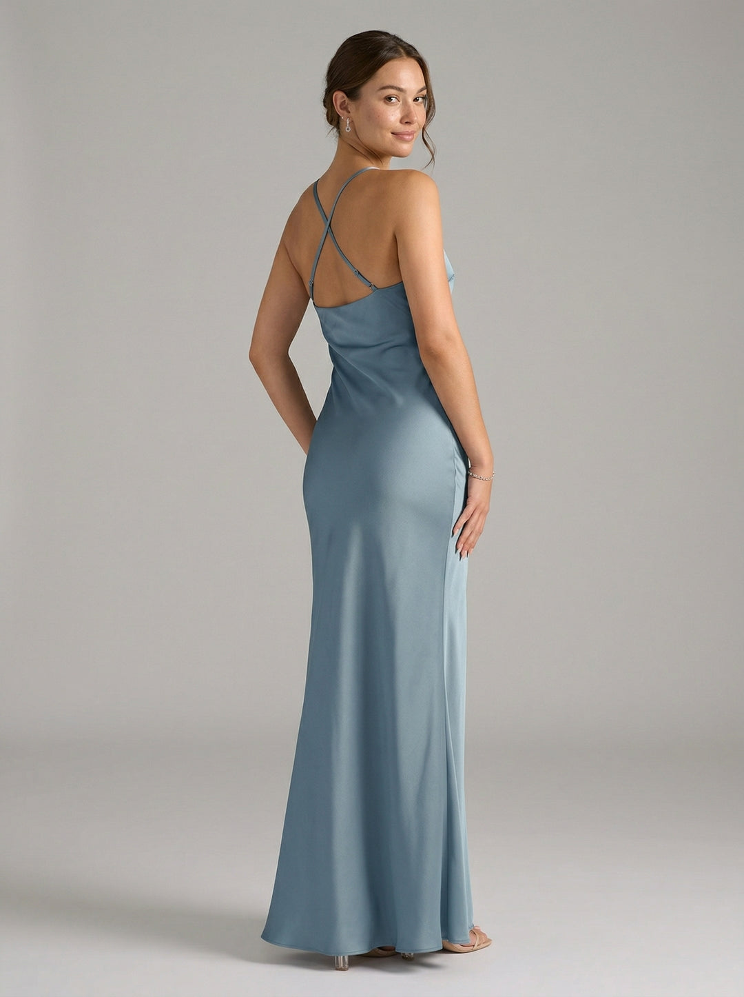 Elegant Dusty Blue Satin Sheath V-Neck V-Back Ankle-Length Bridesmaid Dress
