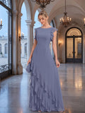Elegant Stormy Chiffon A-Line Scoop Neck Back Zip Ruffle Ankle-Length Bridesmaid Dress