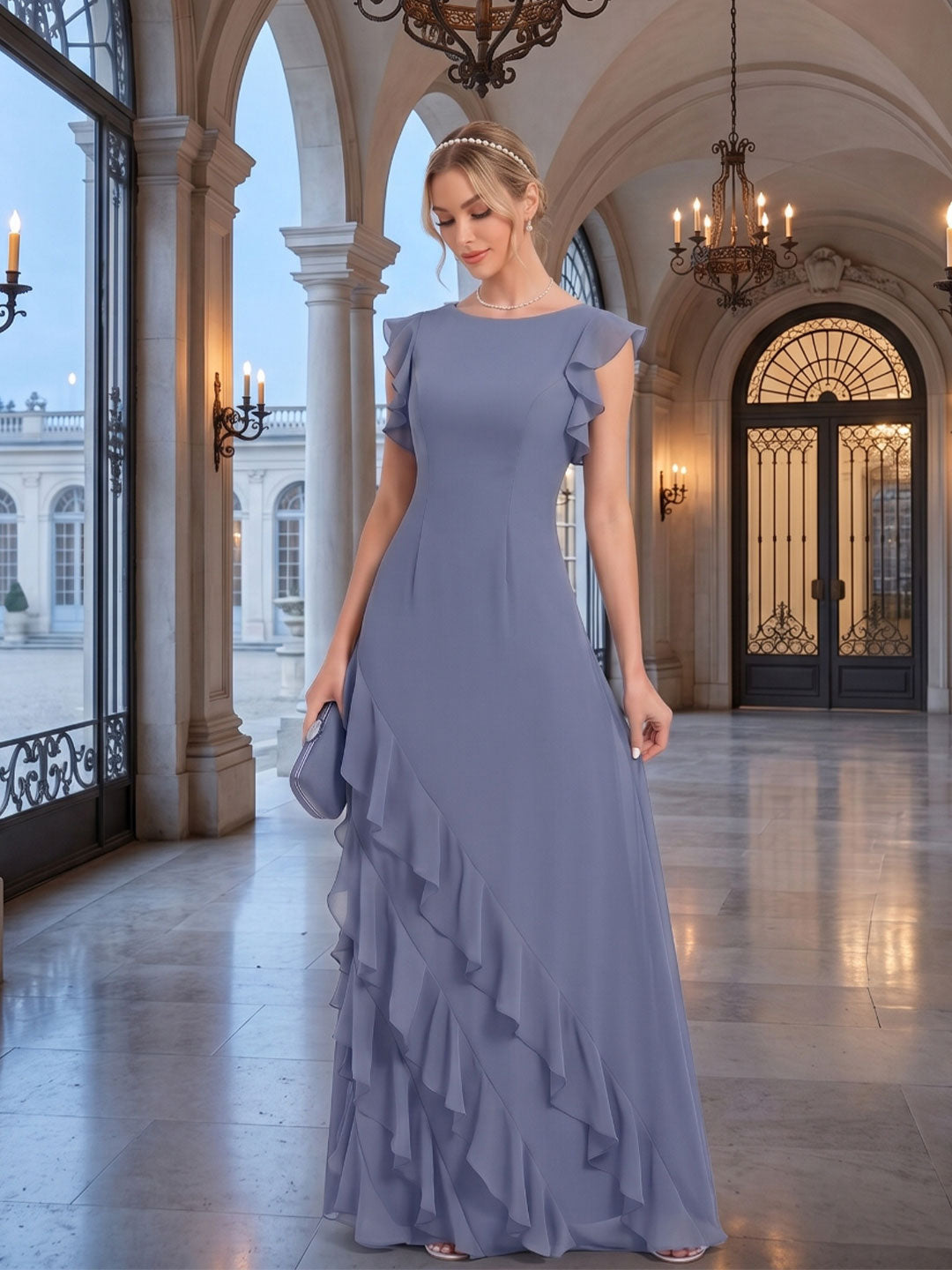 Elegant Stormy Chiffon A-Line Scoop Neck Back Zip Ruffle Ankle-Length Bridesmaid Dress