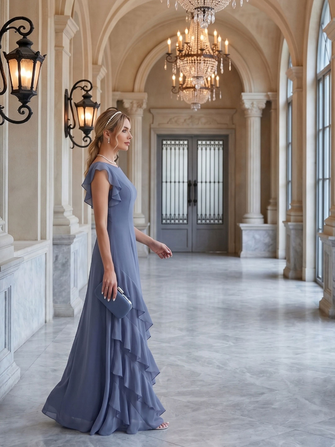 Elegant Stormy Chiffon A-Line Scoop Neck Back Zip Ruffle Ankle-Length Bridesmaid Dress