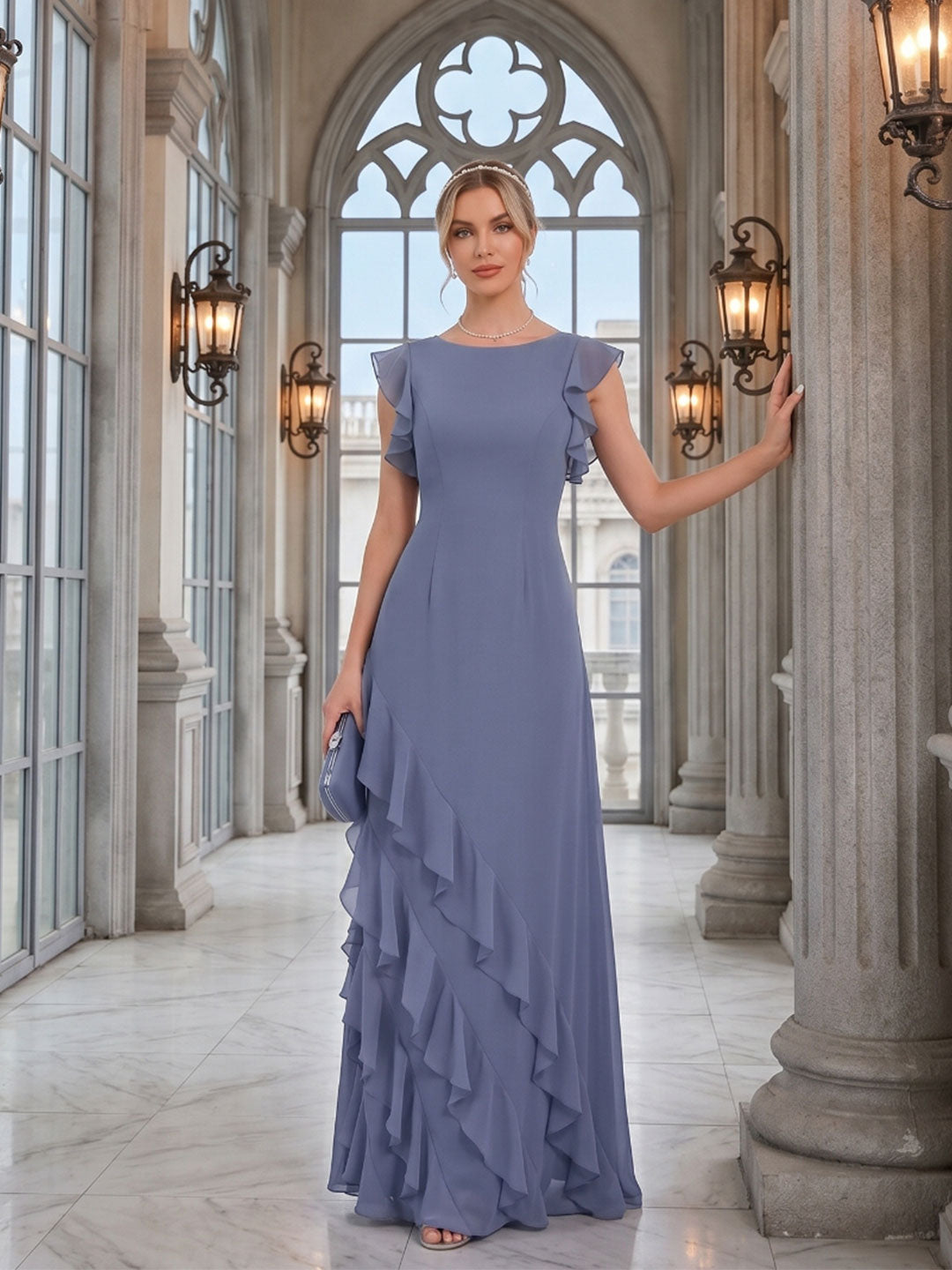 Elegant Stormy Chiffon A-Line Scoop Neck Back Zip Ruffle Ankle-Length Bridesmaid Dress