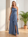 Elegant Stormy Satin A-Line One Shoulder Back Zip Ankle-Length Bridesmaid Dress