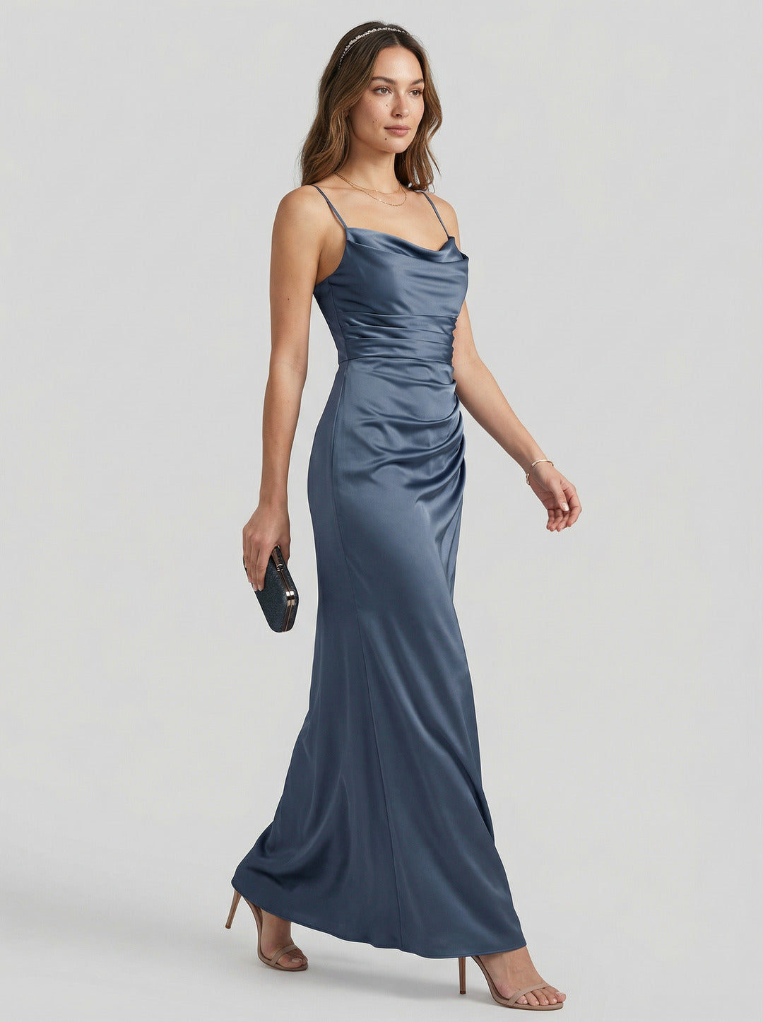 Elegant Stormy Satin column Straight Neck Back Zip Ankle-Length Bridesmaid Dress