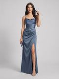 Elegant Stormy Satin column Straight Neck Back Zip Ankle-Length Bridesmaid Dress