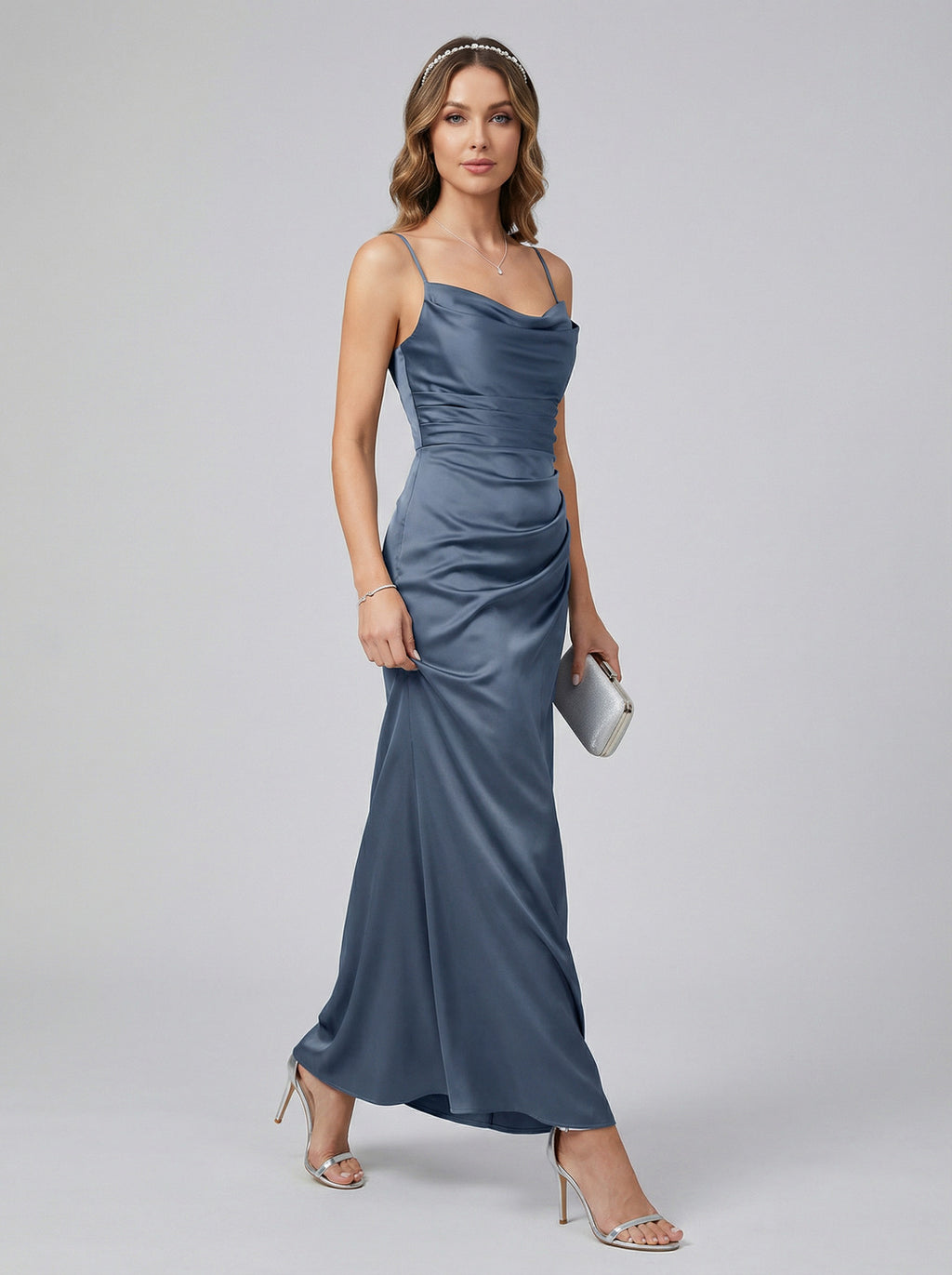 Elegant Stormy Satin column Straight Neck Back Zip Ankle-Length Bridesmaid Dress