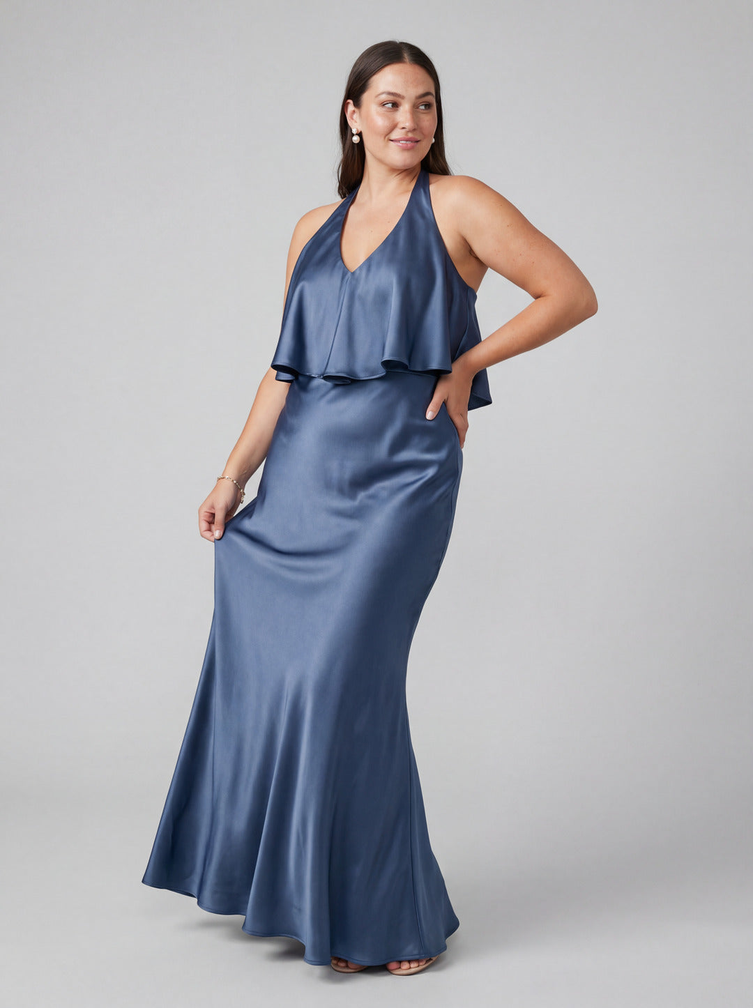 Elegant Stormy Satin Mermaid V-Neck V-Back Ankle-Length Bridesmaid Dress