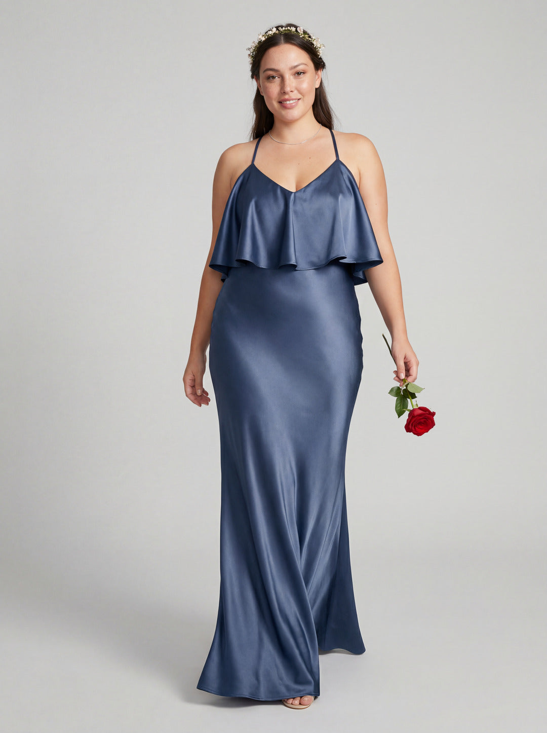Elegant Stormy Satin Mermaid V-Neck V-Back Ankle-Length Bridesmaid Dress