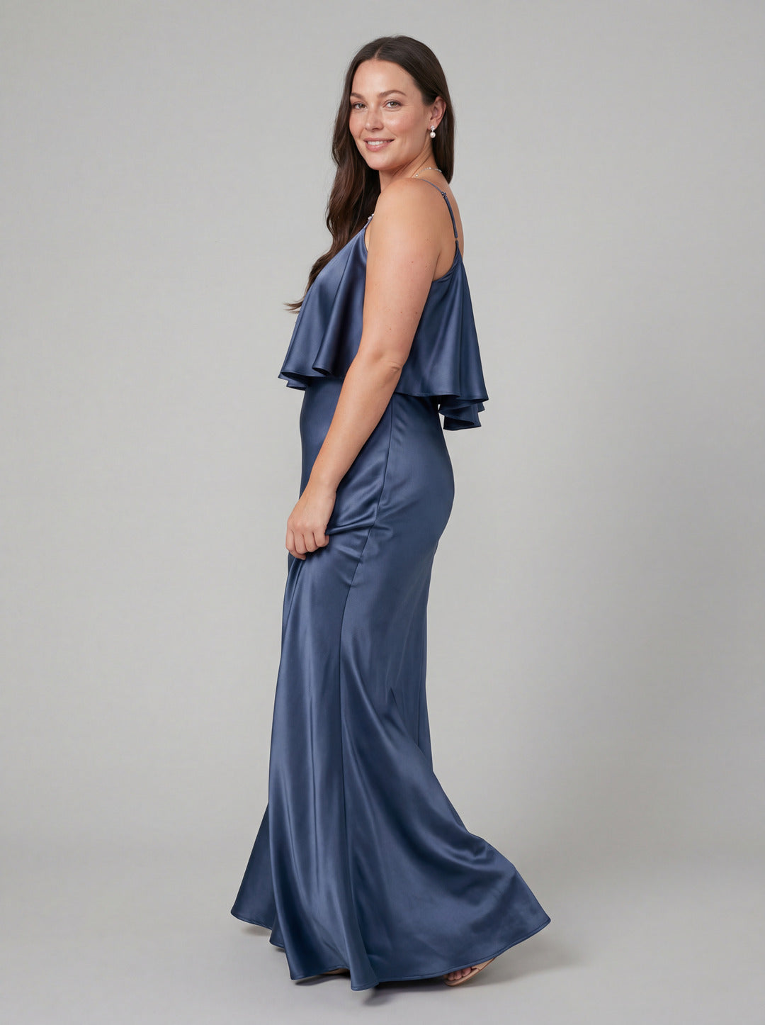 Elegant Stormy Satin Mermaid V-Neck V-Back Ankle-Length Bridesmaid Dress