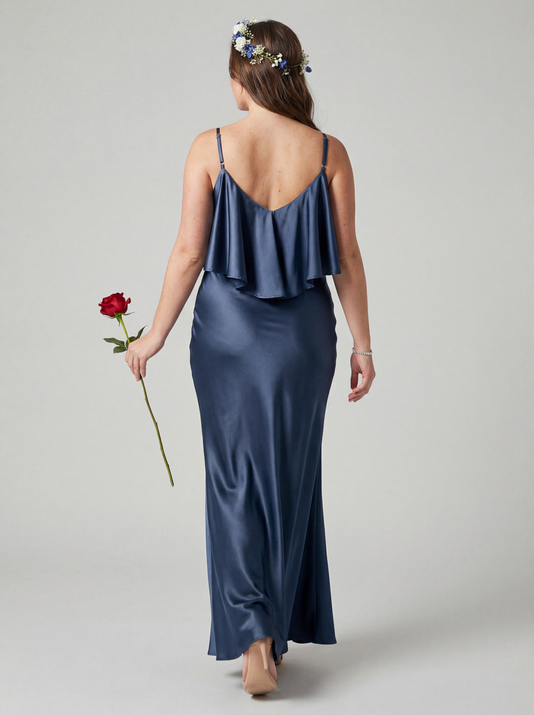 Elegant Stormy Satin Mermaid V-Neck V-Back Ankle-Length Bridesmaid Dress