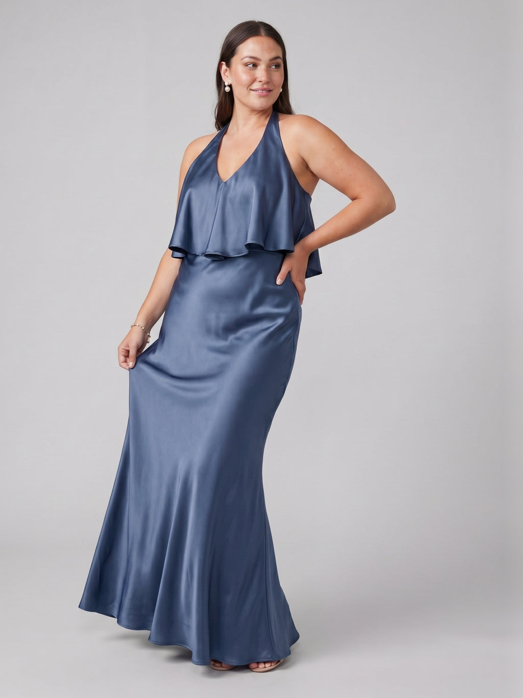 Elegant Stormy Satin Mermaid V-Neck V-Back Ankle-Length Bridesmaid Dress