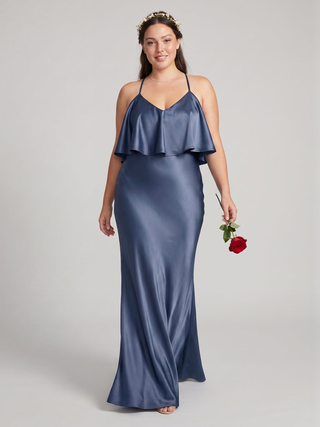 Elegant Stormy Satin Mermaid V-Neck V-Back Ankle-Length Bridesmaid Dress