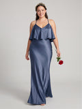 Elegant Stormy Satin Mermaid V-Neck V-Back Ankle-Length Bridesmaid Dress