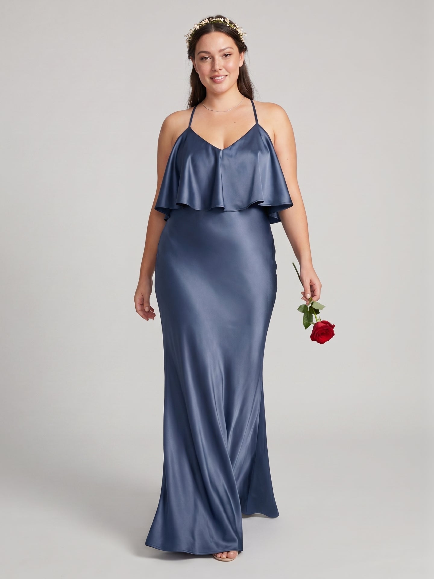 Elegant Stormy Satin Mermaid V-Neck V-Back Ankle-Length Bridesmaid Dress